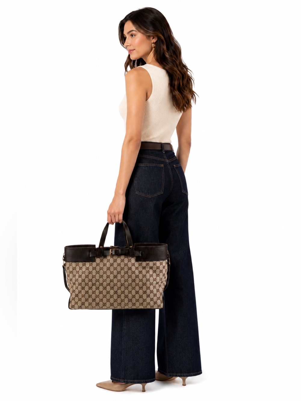 Gucci GG Canvas Leather Buckle Tote Bag Brown Monogram Large Shoulder Purse IT - Picture 4 of 16